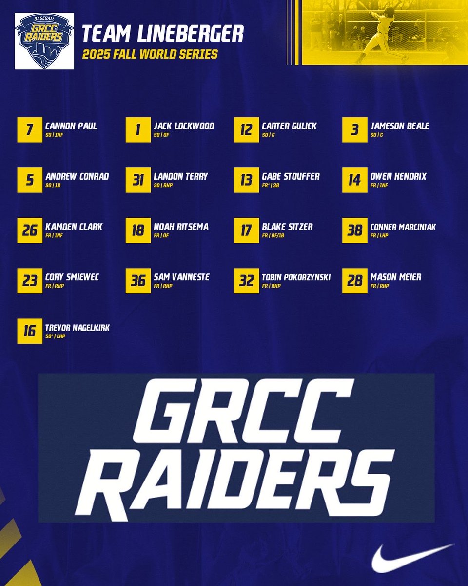 Game 1 of the three game Fall World Series is set to start tomorrow at 1pm! 

Team Lineberger SP: Landon Terry (SO)

Team Lee SP: Dax Rossin (FR)

Games 2 and 3 will be at 1pm on Wednesday and Thursday! 

#RaiderRaider