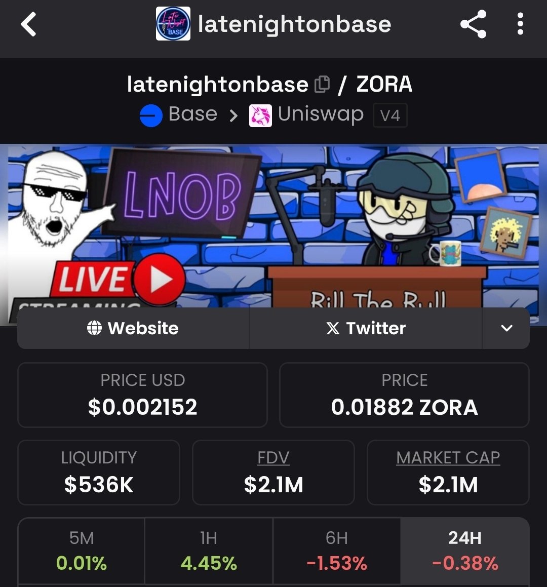 $LNOB | 2.1M MC
@lateNightonbase is a night show + livestreaming platform built on #Base - backed by Coinbase. 

Dev is active &amp; constantly shipping updates. This one is primed to run hard, no doubt 🔥 

CA: 0x8C32bcFC720FEC35443748A96030cE866d0665ff
👉BUY with UniversalX App: