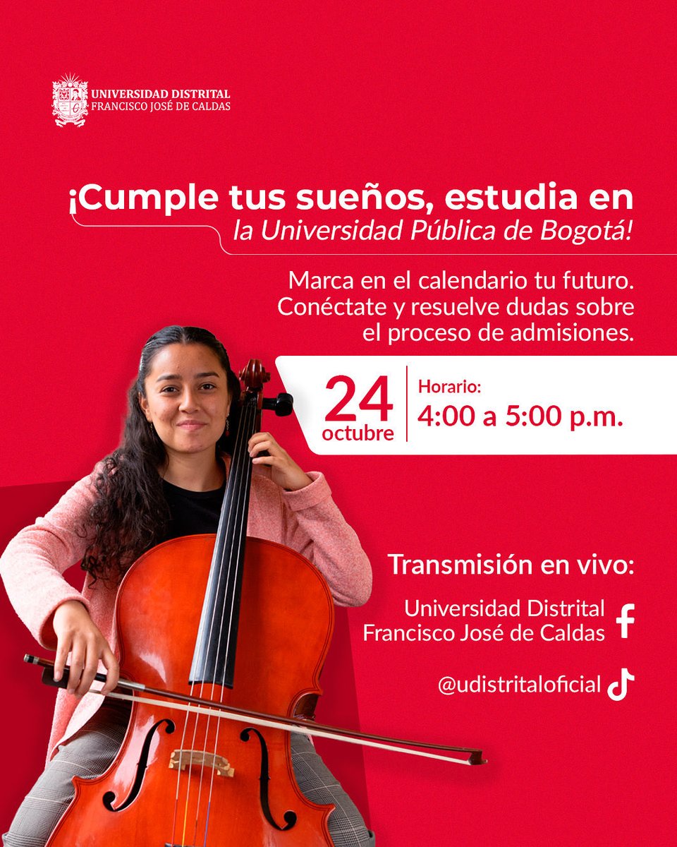 #AdmisionesUD || 🎓 ¡Cumple tus sueños y haz parte de la Universidad Pública de Bogotá! 💫
Conéctate este 24 de octubre de 4:00 a 5:00 p.m. y resuelve todas tus dudas sobre el proceso de admisiones. 

📲 Transmisión en vivo por Facebook y TikTok:
👉 @udistritaloficial