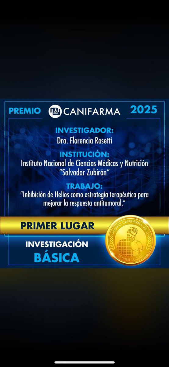 En el laboratorio estamos celebrando que la Dra. Florencia Rosetti <a href="/florerosetti/">florencia rosetti</a> y su equipo obtuvieron el premio CANIFARMA 2025 por el estudio del factor de transcripción Helios y su papel en la respuesta inmune antitumoral. Un orgullo para el <a href="/autoinmunilab/">Crispín-Rosetti Lab</a> y el <a href="/incmnszmx/">INCMNSZ</a>!