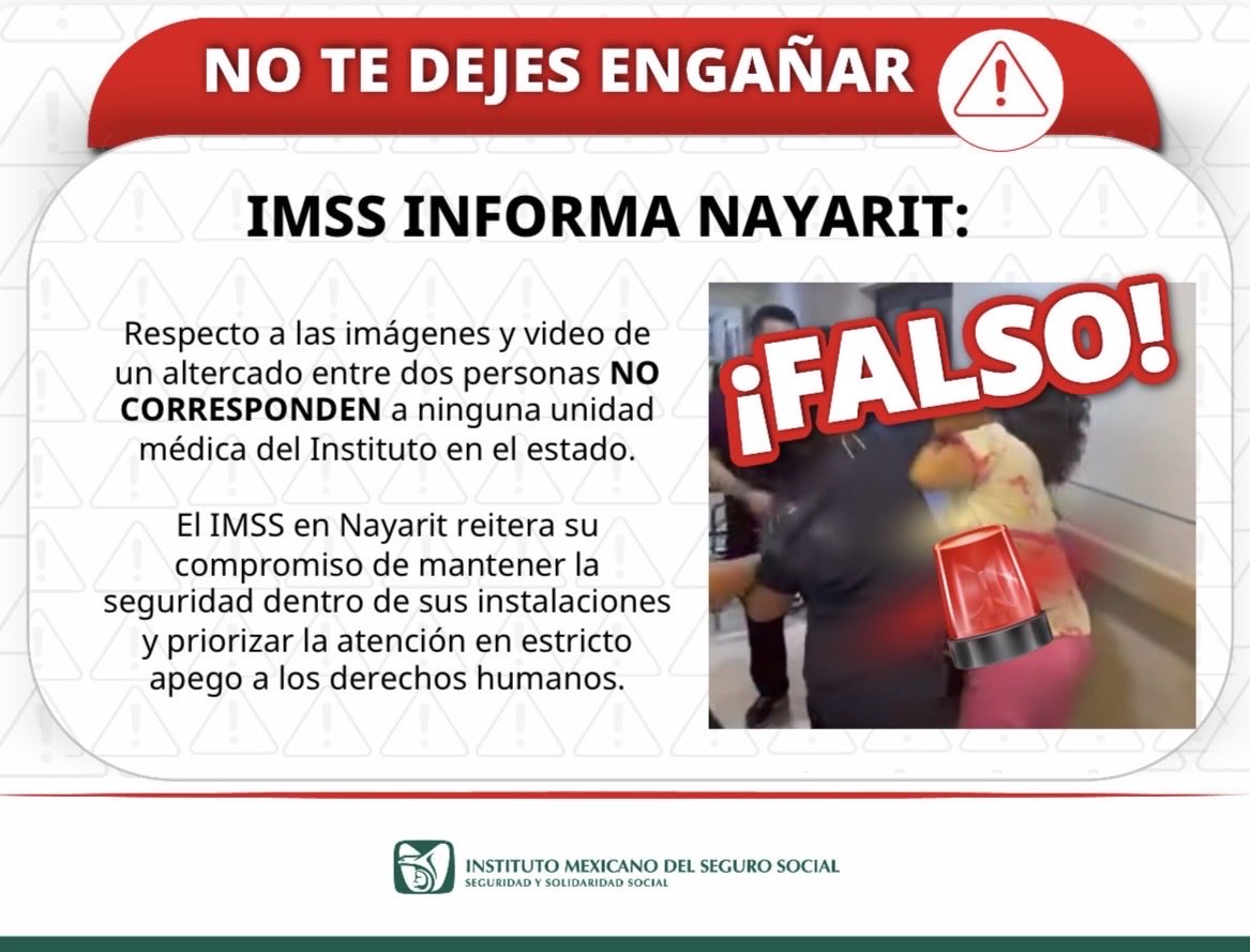 📣 #IMSS #Nayarit informa respecto a las imágenes y video de un altercado entre dos personas, estas NO CORRESPONDEN a ninguna unidad médica del Instituto en el estado.