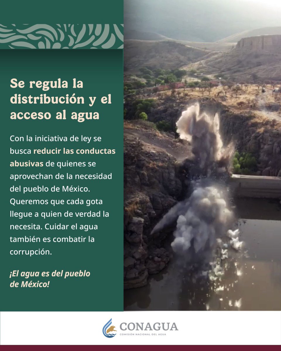 Conagua (@conagua_mx) on Twitter photo A través de la iniciativa de ley que impulsa el <a href="/GobiernoMX/">Gobierno de México</a>, se busca poner fin a los abusos de quienes lucran con la necesidad del pueblo.
Cuidar el agua también es combatir la corrupción y garantizar que cada gota llegue a quien la necesita.
#AccionesConagua A través de la iniciativa de ley que impulsa el <a href="/GobiernoMX/">Gobierno de México</a>, se busca poner fin a los abusos de quienes lucran con la necesidad del pueblo.
Cuidar el agua también es combatir la corrupción y garantizar que cada gota llegue a quien la necesita.
#AccionesConagua