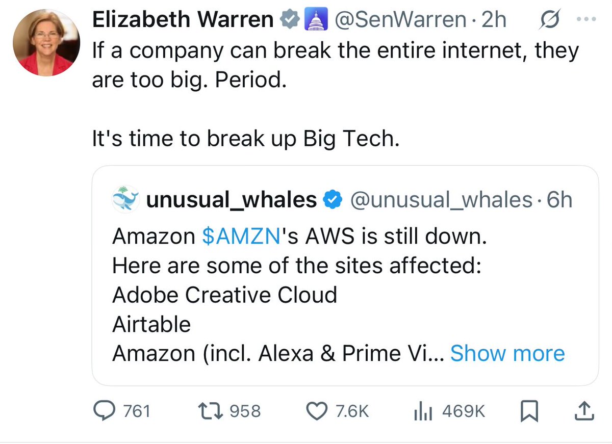 Cindy Sridharan (@copyconstruct) on Twitter photo This is the definition of politicians having strong opinions on things they don’t understand. 🙄
Breaking up AWS won’t result in more reliable cloud providers, or customers suddenly starting to implement multi-AZ and failovers. This is the definition of politicians having strong opinions on things they don’t understand. 🙄
Breaking up AWS won’t result in more reliable cloud providers, or customers suddenly starting to implement multi-AZ and failovers.