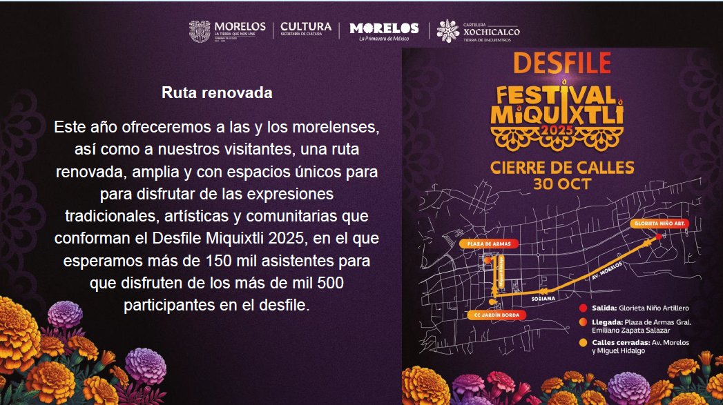 ZonaCNoticias's tweet image. Listo el #programa #Miquixtli #Morelos el desfile inaugural será el 30 de Octubre a las 5:00 de la tarde en calles del centro de #Cuernavaca. Habrá invitados de primer nivel como Lila Downs
