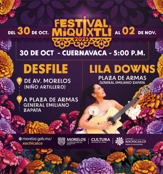 ZonaCNoticias's tweet image. Listo el #programa #Miquixtli #Morelos el desfile inaugural será el 30 de Octubre a las 5:00 de la tarde en calles del centro de #Cuernavaca. Habrá invitados de primer nivel como Lila Downs