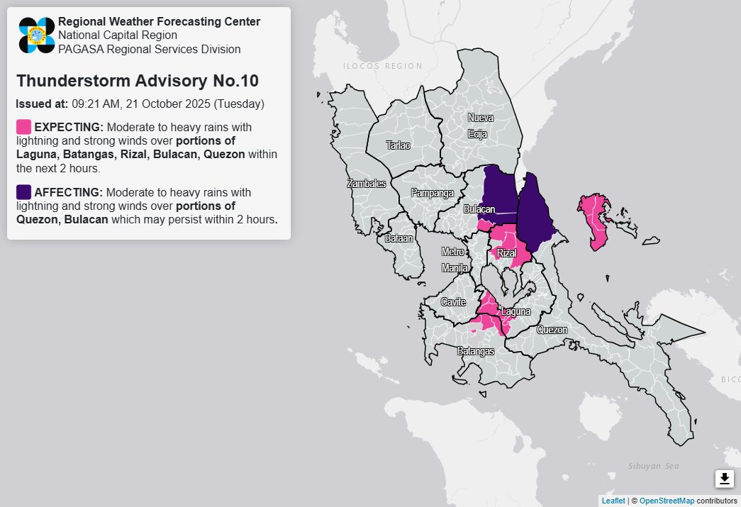 Thunderstorm Advisory No. 10 #NCR_PRSD
Issued at: 9:21 AM, 21 October 2025(Tuesday)

Moderate to heavy rainshowers with lightning and strong winds are expected over Laguna(Calamba, Cabuyao, Santa Rosa, Bay, Calauan, Los Banos, Alaminos), Batangas(Santo Tomas, Tanauan, Talisay)