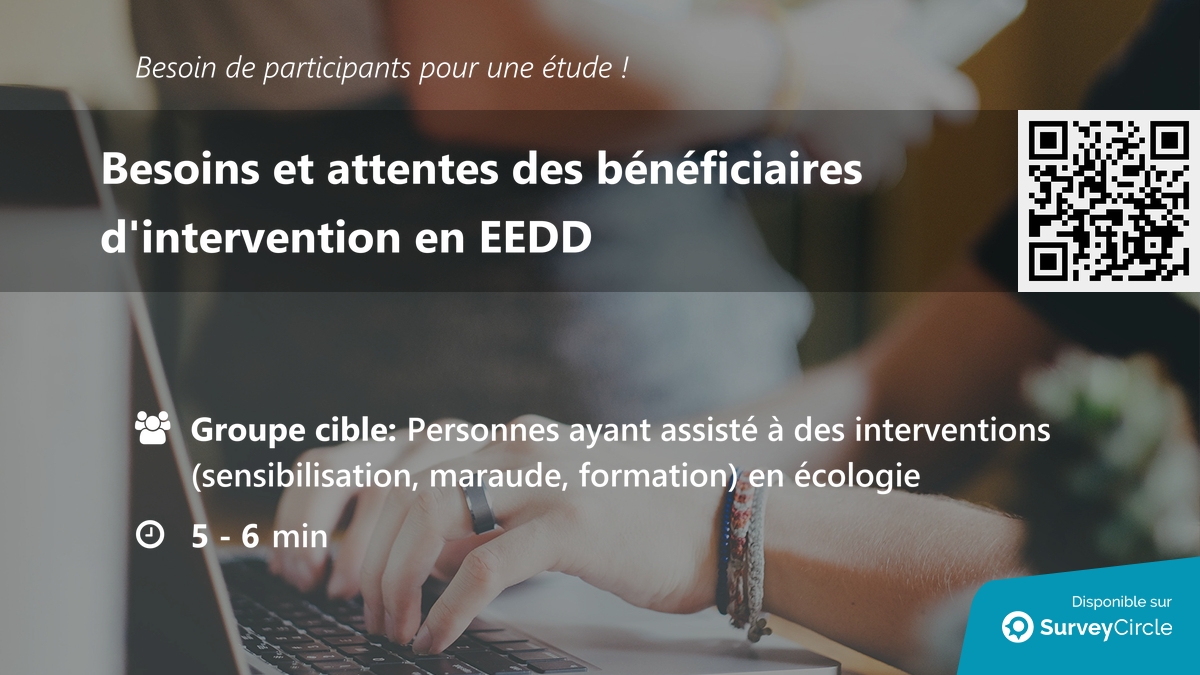 daily_research's tweet image. Recherche de participants pour une étude !
Sujet : "Besoins et attentes des bénéficiaires d'intervention en EEDD" surveycircle.com/46P5XZ/ via @SurveyCircle
#ecologie #intervention #opinion #progrès #enquête #surveycircle