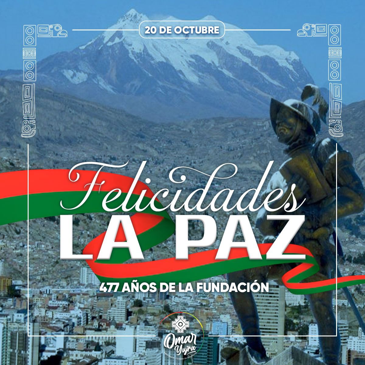 ¡Felices 477 años de grandeza! 

Celebramos el primer acta de fundación de Nuestra Señora de La Paz, la ciudad que desafía las alturas y enamora al mundo.
A más de 3.600 m.s.n.m., entre montañas y nubes, se levanta esta joya de geografía única y riqueza intercultural.