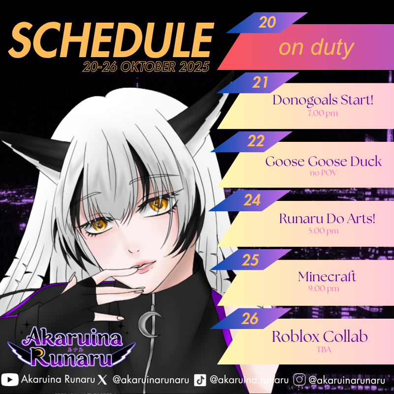 akaruinarunaru's tweet photo. meski terlambat, ini skejul untuk minggu ini. (kmrn canva gbs dibuka bjirt)

[tags] 
General #AkaruinaRunaru
Fams #moonshine
Fanart #akaruinart
NSFW #runarunsfw
Live #runalive
Oshi marks: 🦉🌙 https://t.co/3MrAuYOIeT