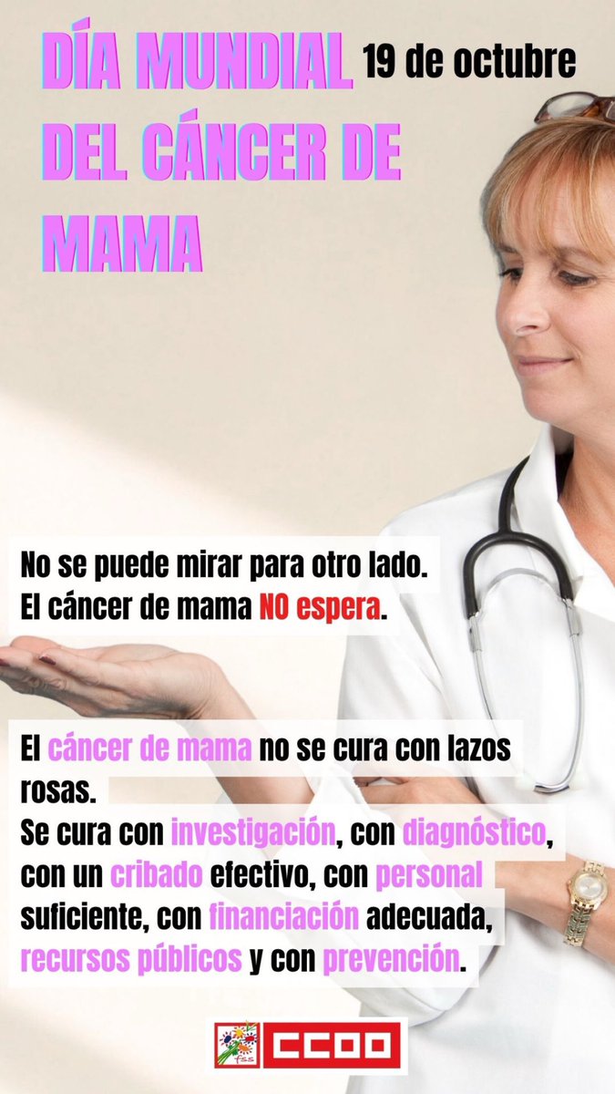 🎀 El cáncer de mama no se cura con lazos rosas

🥼 Se cura con investigación, con diagnóstico, con un cribado efectivo, con personal suficiente, con financiación adecuada, recursos públicos y con prevención

👁️ No se puede mirar para otro lado

➡️ El cáncer de mama NO ESPERA