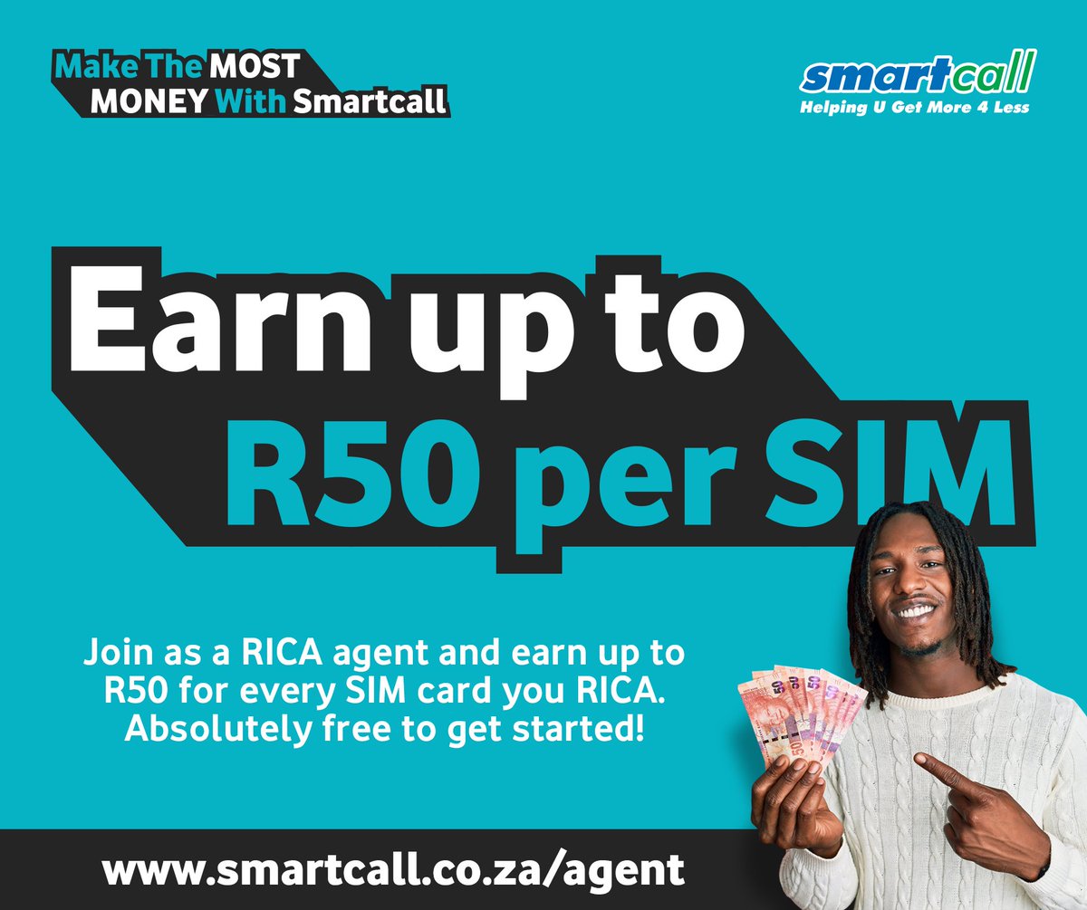 SmartcallVSP2's tweet image. Register as a Smartcall RICA Agent and earn up to R50 per SIM that you RICA to a customer. 
📷Go to 📷smartcall.co.za/business/agent/ 
📷One of our customer care agents will contact you!  #VodacomVSP2 #SmartAgent