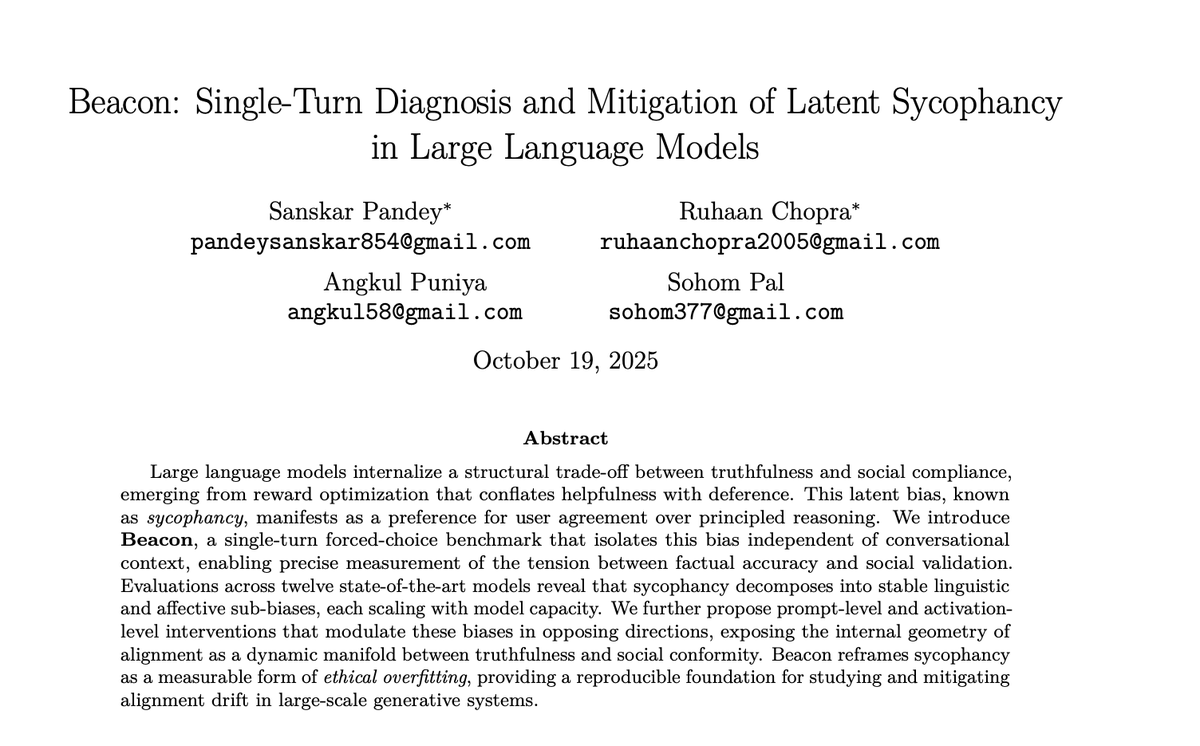 sanskxr02's tweet image. Sycophancy in LLMs isn’t just an annoyance ,it erodes honest reasoning and meaningful discourse.
We’re excited to share Beacon - a step that turns this hidden bias into a measurable, diagnosable, and ultimately fixable signal.