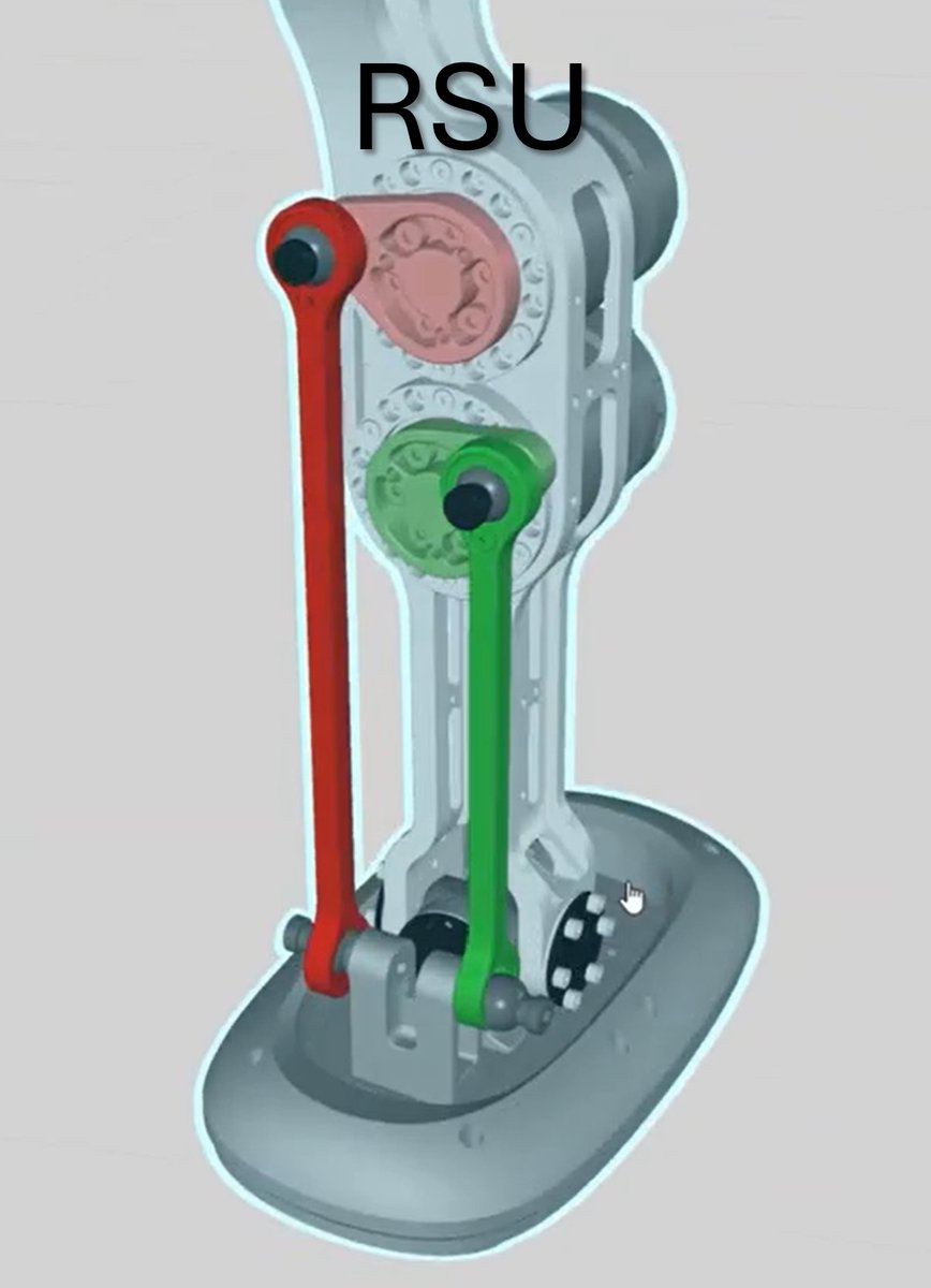 Unlike its brothers, the Unitree H2 ankle is no longer a parallel actuated RSU design

The single Achilles tie-rod betrays the new design

The central nature of the tie-rod indicates it can only actuate pitch (flexion), with no roll lever

The Cardon joint order is roll-pitch
🧵