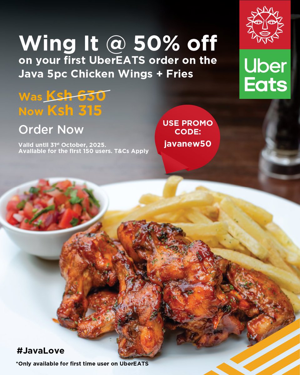 javahouseafrica's tweet image. Never ordered on UberEats? Now’s your cue! 👀 Get 50% off your first UberEats order on Java’s 5pc Chicken Wings + Fries.
Use promo code: javanew50  to enjoy the deal.Tap link in bio to order 
Offer valid till 31st October | T&amp;amp;Cs apply 
#JavaLove