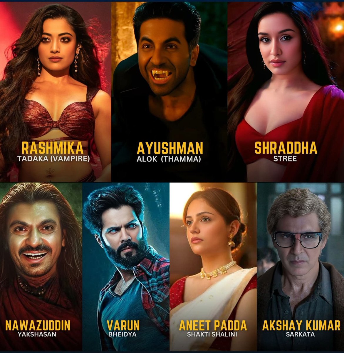 Cast of #Thamma    💥🔥

Which character are you most excited to see? 👀