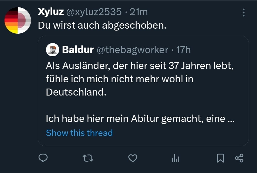 Ist schon heftig wie viel braune Gülle sich unter meinem Post entladen hat oder ihn qt'ed hat.

Und die wollen mir sagen, dass sie ja "nur die ausreisepflichtigen und kriminellen Migranten" meinen. 

Selbst Merz weiß, dass er nicht nur die ausreisepflichtigen gemeint hat.