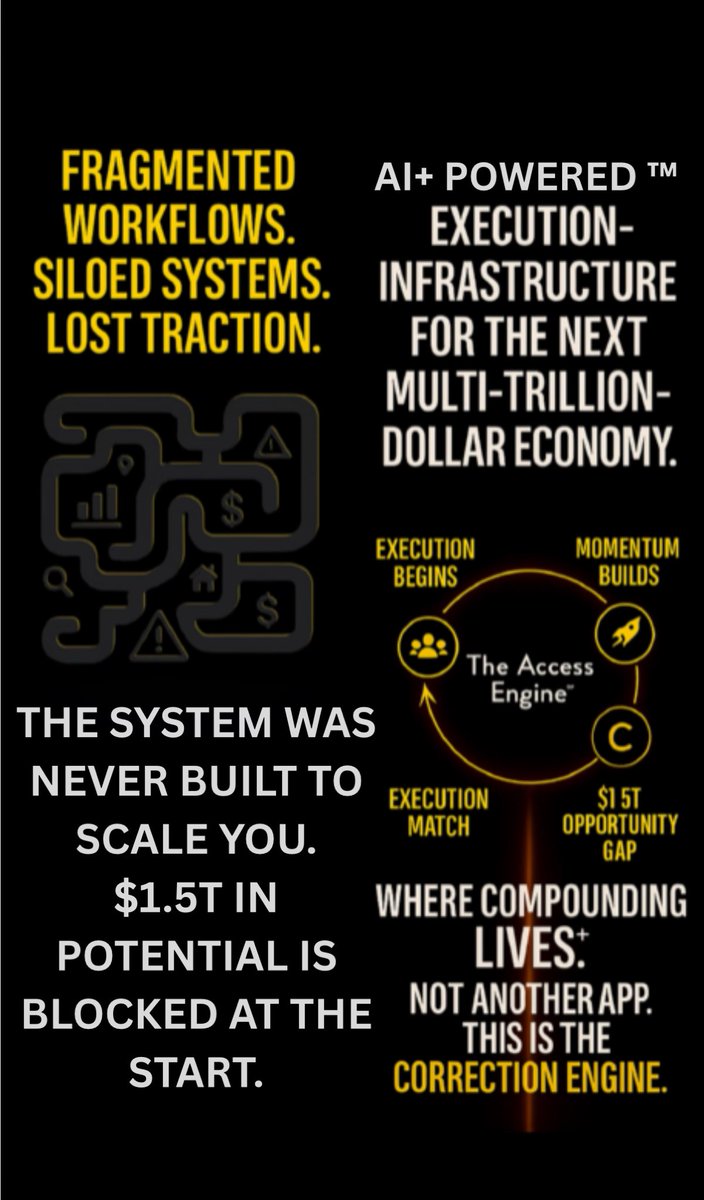 CaytonFlemming's tweet image. You have the vision.
But the rails to scale? Never existed.

$1.5T in potential is blocked.
Not by bad ideas,
but by broken systems.

That ends here.
We are the Correction Engine.
→ EarlyAccessGained.com

#TheAccessEngine #AIPlusPowered #BuildToCompound #buildinpublic #VC Gb