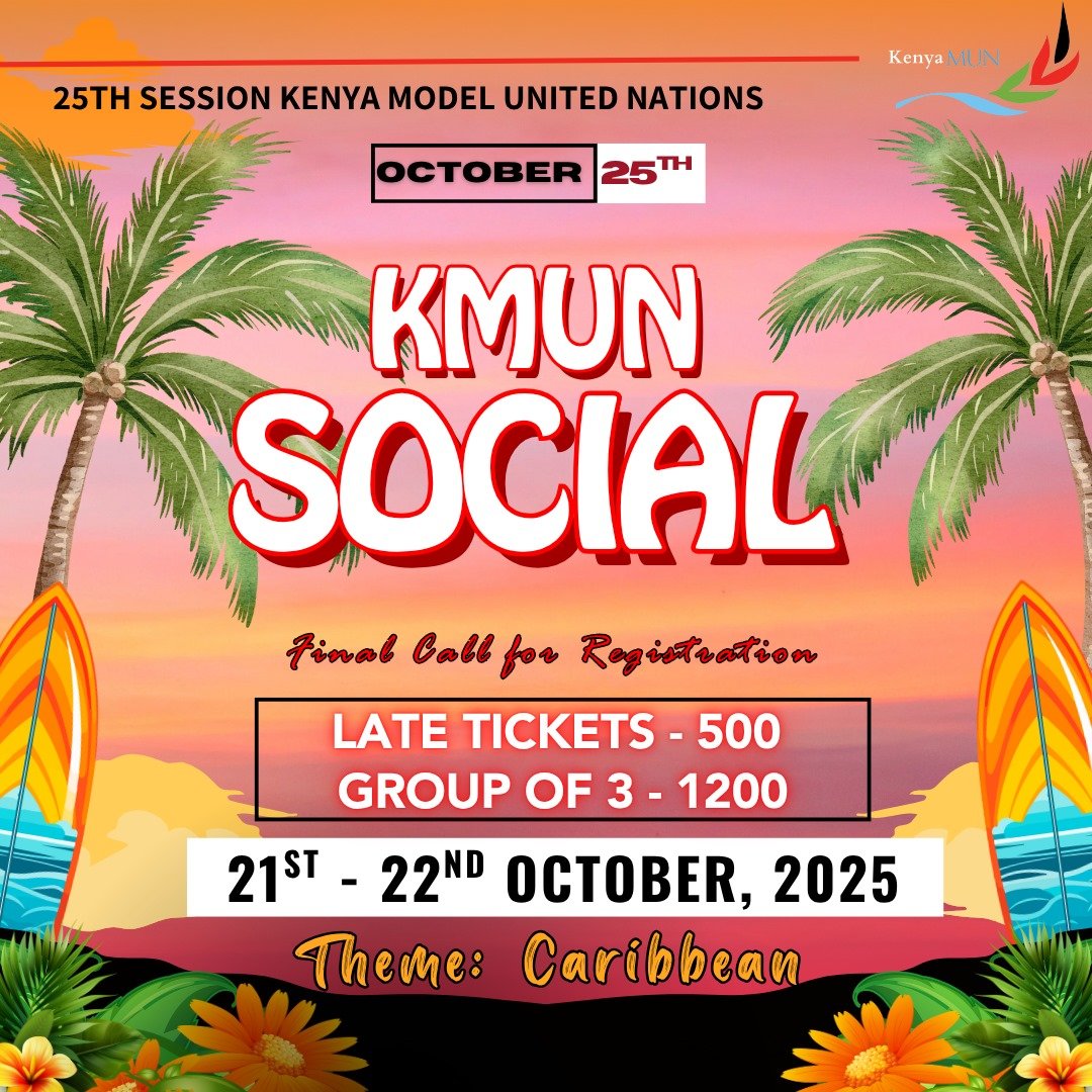 ModelunKenya's tweet photo. Final Call! The KMUN Social 2025 is here! After months of debate & diplomacy, it’s time to unwind, vibe & connect!
Last tickets: https://t.co/gL7onVbwec #KMUN25thSession #TupataneSocial #ElevatingAction #BuildingBeyond https://t.co/03FE4so81u