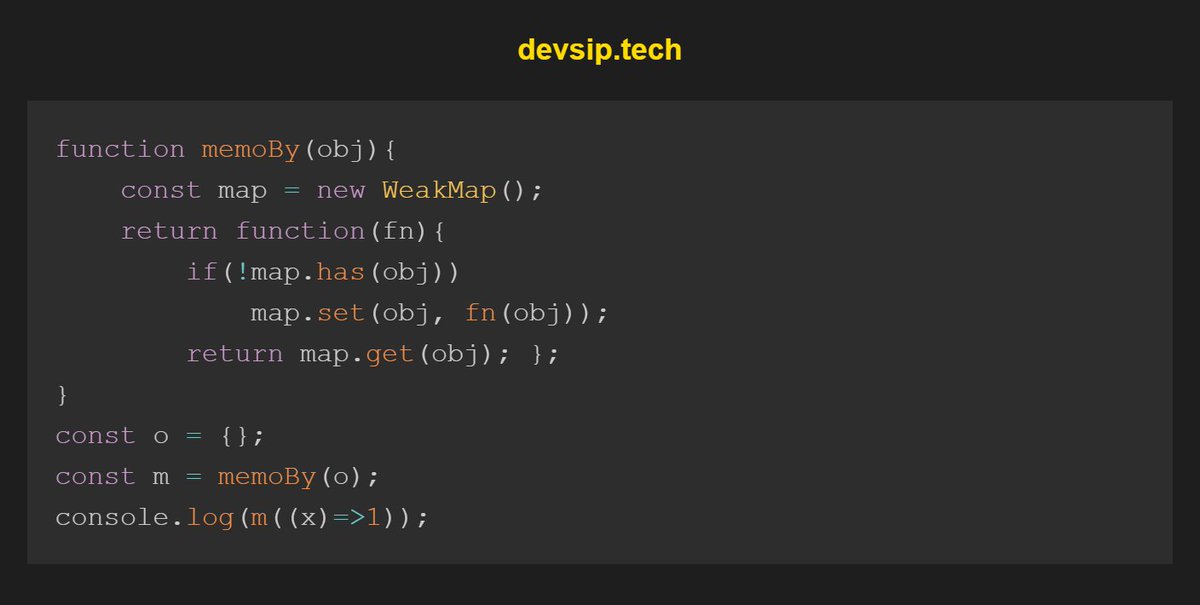 koomekelvink's tweet image. WeakMap allows attaching memoized results to object keys without preventing GC.
Js book ->
leanpub.com/javascriptstar…
#javascriptlearning #javascripttips #SoftwareDevelopment #SoftwareEngineering #buildinpublic #letsconnect #100DaysOfCode