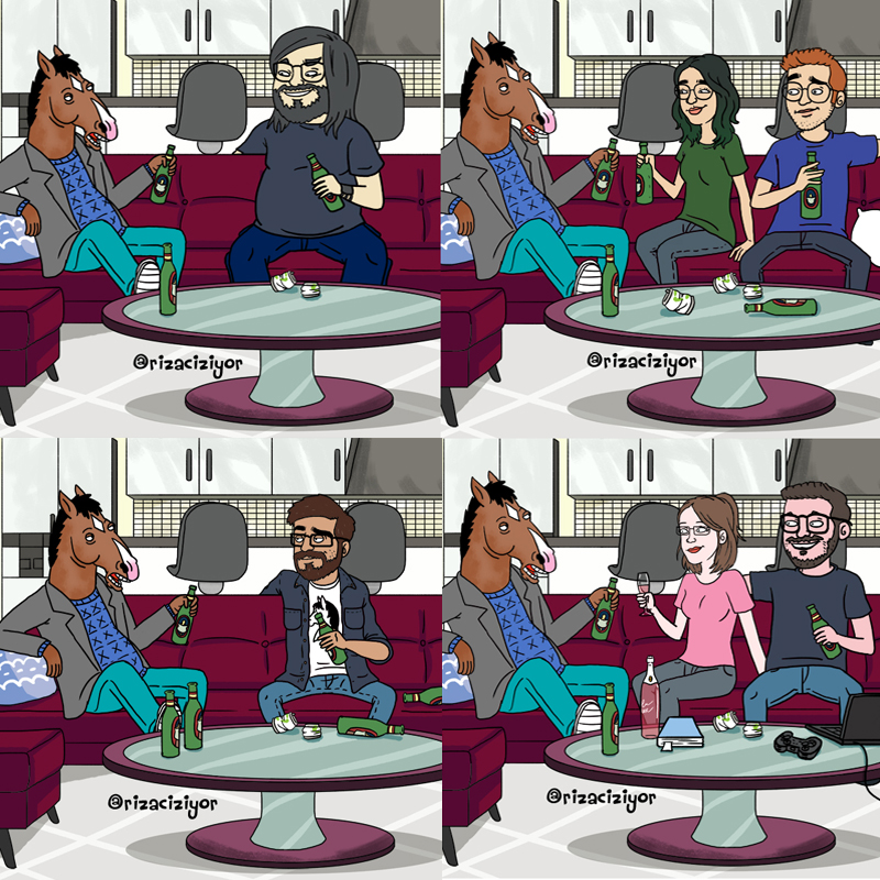 Kişiye özel karikatürize veya anime/manga stili çizimler 3000TL'den, Rick&amp;Morty veya BoJack Horseman uyarlamaları ise 1500TL'den başlayan fiyatlarla.

Daha fazla bilgi almak için: rizaciziyor@gmail.com