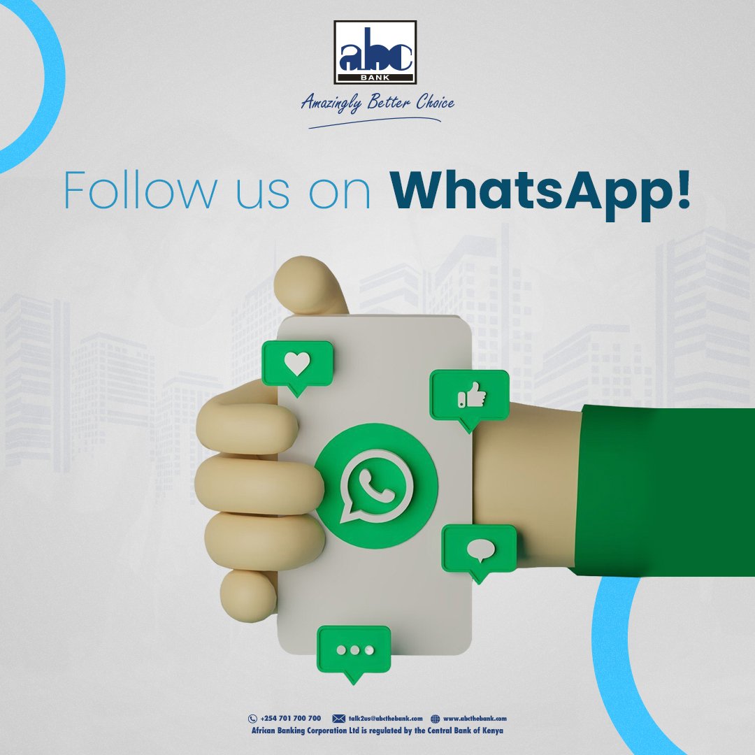 🎉 Get first-hand ABC Bank updates, money tips, and exclusive offers straight to your WhatsApp

📱 Follow our WhatsApp Channel today and stand a chance to win 1,250MB of data!

👉🏽 To join, click on this link: shorturl.at/NAQcE

#AmaznglyBetterChoice
#WhatsAppChannel