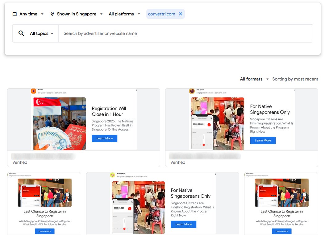 GroupIB_TI's tweet image. Group-IB uncovered a sophisticated Singapore-targeted scam campaign abusing verified Google Ads, 52 redirect domains, and 119 fake news sites to drive victims toward a Mauritius-registered trading platform. The operation blended malvertising, #deepfakes, and localized deception…