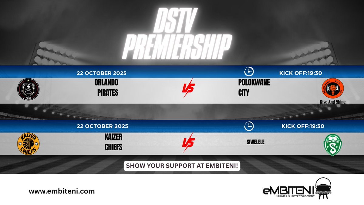 EmbiteniLeisure's tweet photo. ⚽️  After a weekend where both had to represent Mzansi in the CAF Inter-Club competitions, Pirates and Chiefs get back to action with this exciting double-header. Enjoy the game in style with your friends at Embiteni!

- CHIEFS vs SIWELELE
- PIRATES vs POLOKWANE CITY

📅 22 October 2025
⚽️ Kick-Off: 19:30