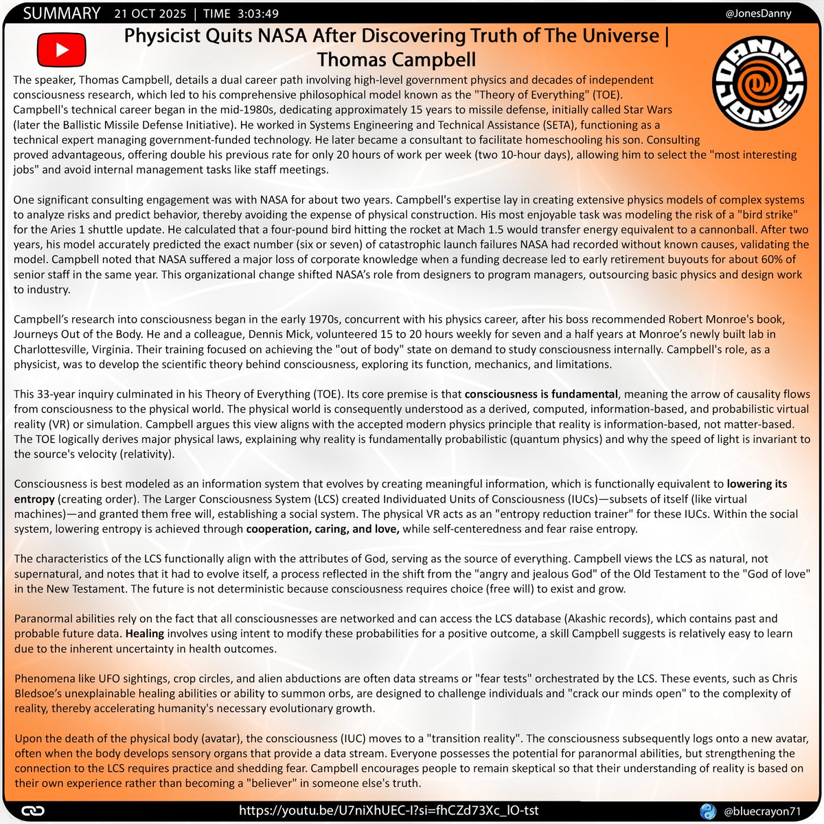 bluecrayon71's tweet image. Physicist Quits NASA After Discovering Truth of The Universe | Thomas Campbell @JonesDanny

🔗youtu.be/U7niXhUEC-I?si…

#ThomasCampbell  #TheoryOfEverything #ConsciousnessIsFundamental #VirtualReality  #LCS  #IUCs #EntropyReduction #ScienceOfConsciousness #GodIsConsciousness #NASA