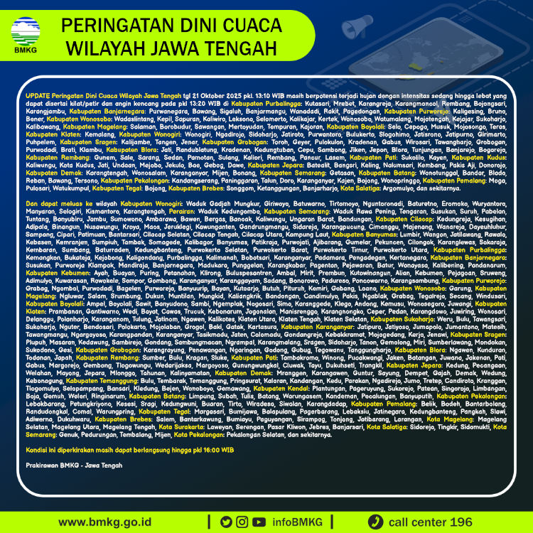 Update Peringatan Dini Cuaca Wilayah - Jawa Tengah Tgl. 21 Oktober 2025 pkl. 13:20 WIB
Prakirawan - BMKG - Jawa Tengah
nowcasting.bmkg.go.id/nowcast?kodwil…