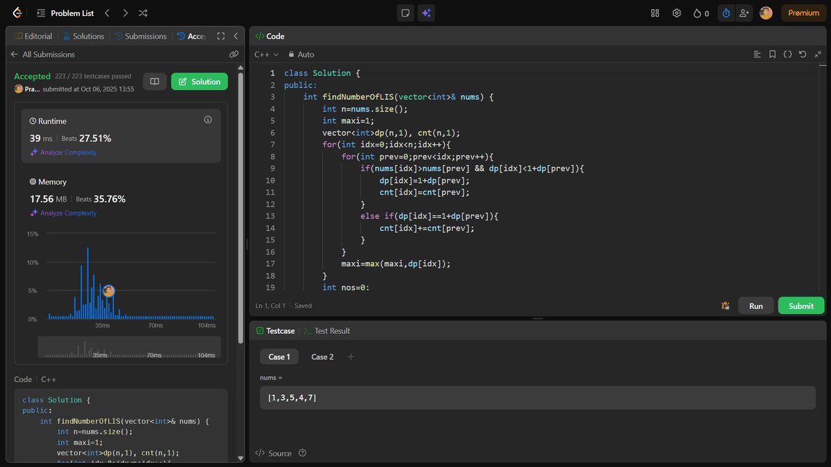 Prajwald012's tweet image. 📘 Wrapped up with the 7th Dynamic Programming pattern — DP on LIS (Longest Increasing Subsequence)!

🎯 Up Next:
➡️ DP on MCM (Matrix Chain Multiplication)!
➡️ DP on Squares!

#StriversA2ZDSASheet #100DaysOfCode #DynamicProgramming #DSA #CodingJourney