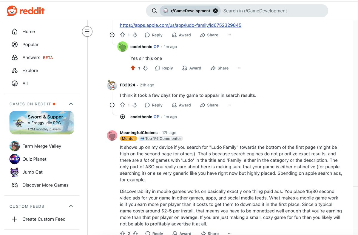 I shared my first iOS app on Reddit  a small Ludo game I built out of pure love for playing with my family

I admitted I knew nothing about ASO or marketing, just wanted to see my app out there.

Within hours, other devs jumped in with honest, detailed advice about