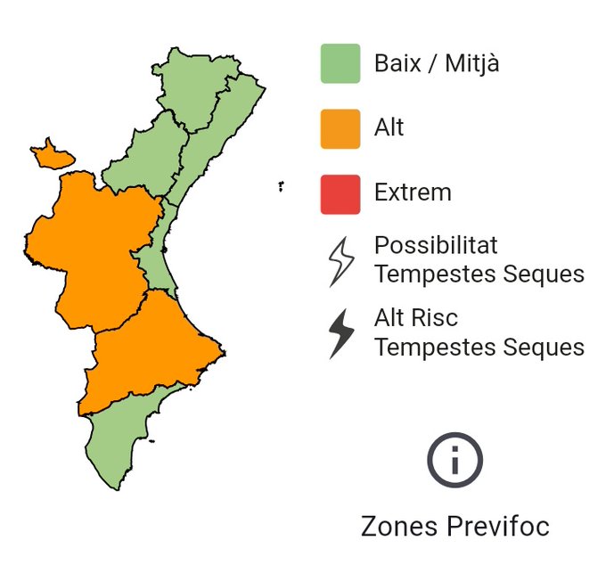🔥El nivell de preemergència per risc d'incendis forestals per a hui 21/10 és:    

🟠ALT a l'interior de València i nord de la província d'Alacant.

🟢Baix-mitjà a la província de Castelló, litoral de València i sud d'Alacant.

➡️Si veus foc o fum, telefona ràpidament a l'112.