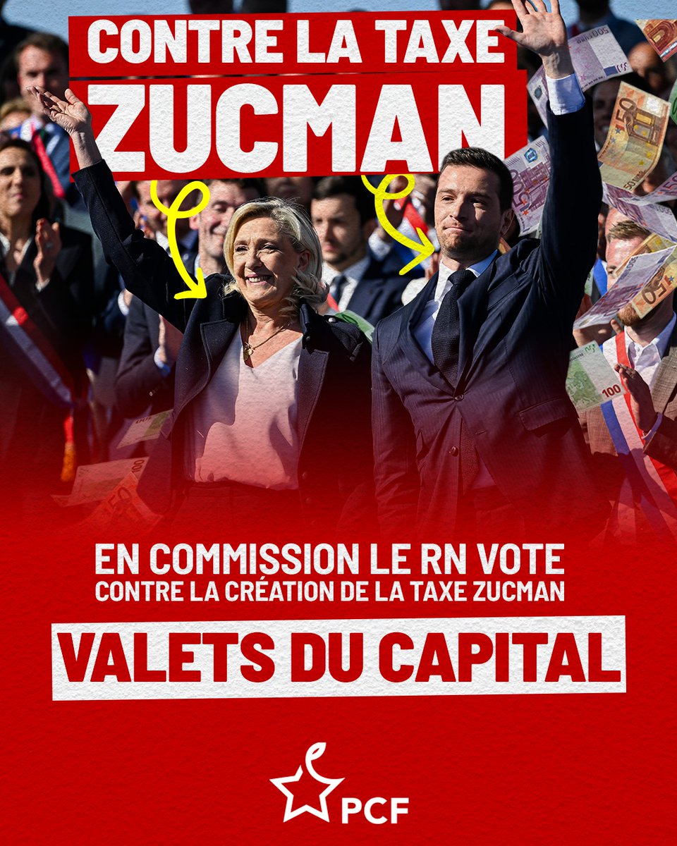 💰 Le RN contre la taxe Zucman
En commission, les députés d’extrême droite ont voté contre la création de cette taxe sur les ultra-riches.
Toujours du côté du capital, jamais de celui du peuple.

👉 Les valets du capital, c’est eux.