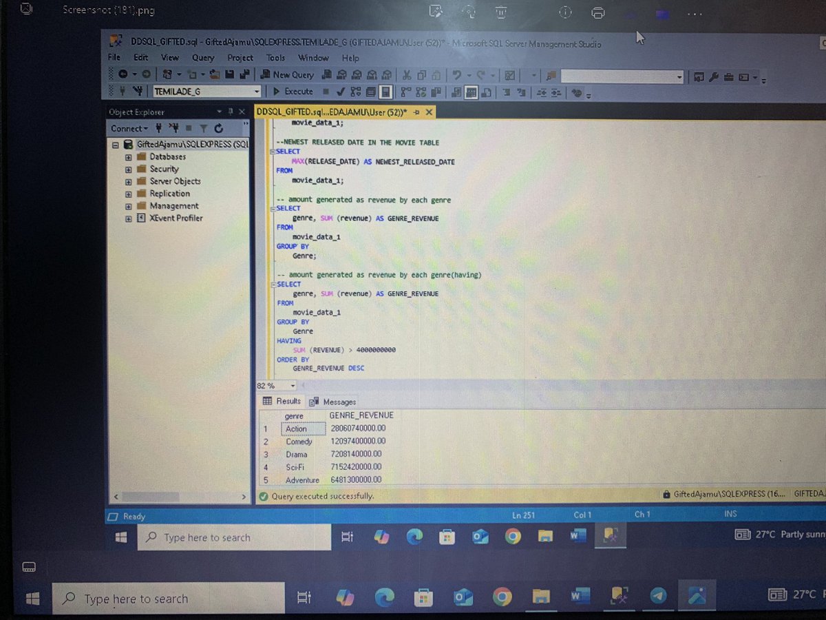 GiftedAjamu's tweet image. Learning how to Count, Sum, Group By, and use Having in SQL yesterday, step by step, I’m getting better at querying data 💪.
What about you, what are you up to?
#DataAnalytics #tech #buildinginpublic