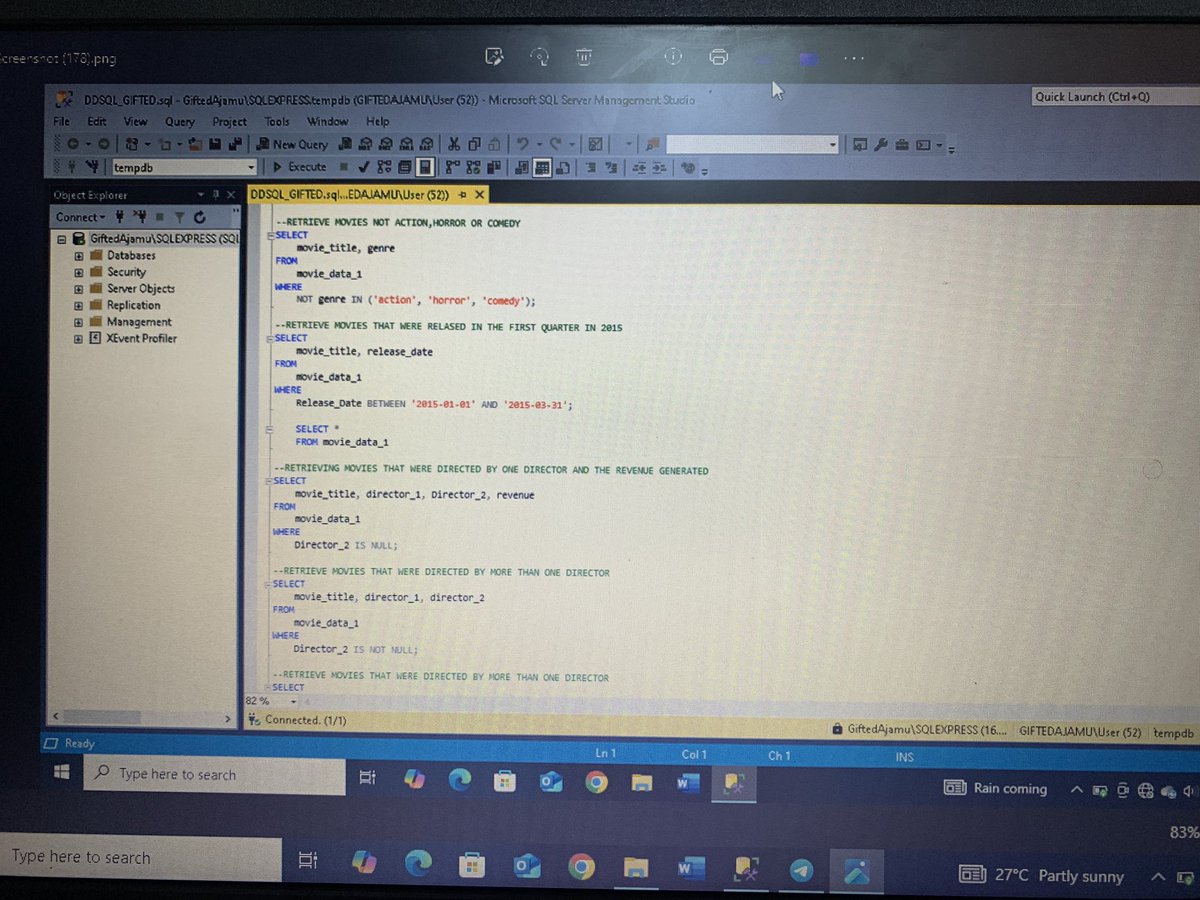 GiftedAjamu's tweet image. Learning how to Count, Sum, Group By, and use Having in SQL yesterday, step by step, I’m getting better at querying data 💪.
What about you, what are you up to?
#DataAnalytics #tech #buildinginpublic