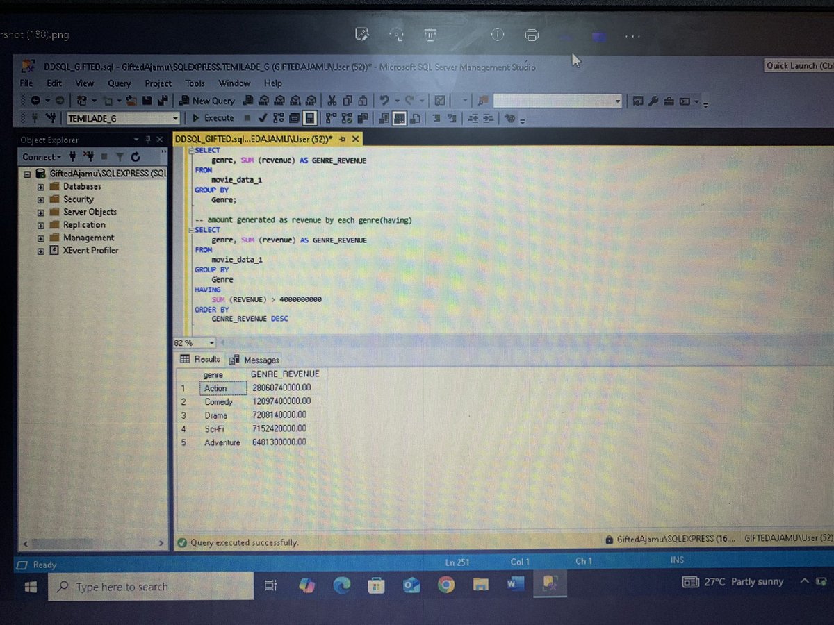GiftedAjamu's tweet image. Learning how to Count, Sum, Group By, and use Having in SQL yesterday, step by step, I’m getting better at querying data 💪.
What about you, what are you up to?
#DataAnalytics #tech #buildinginpublic