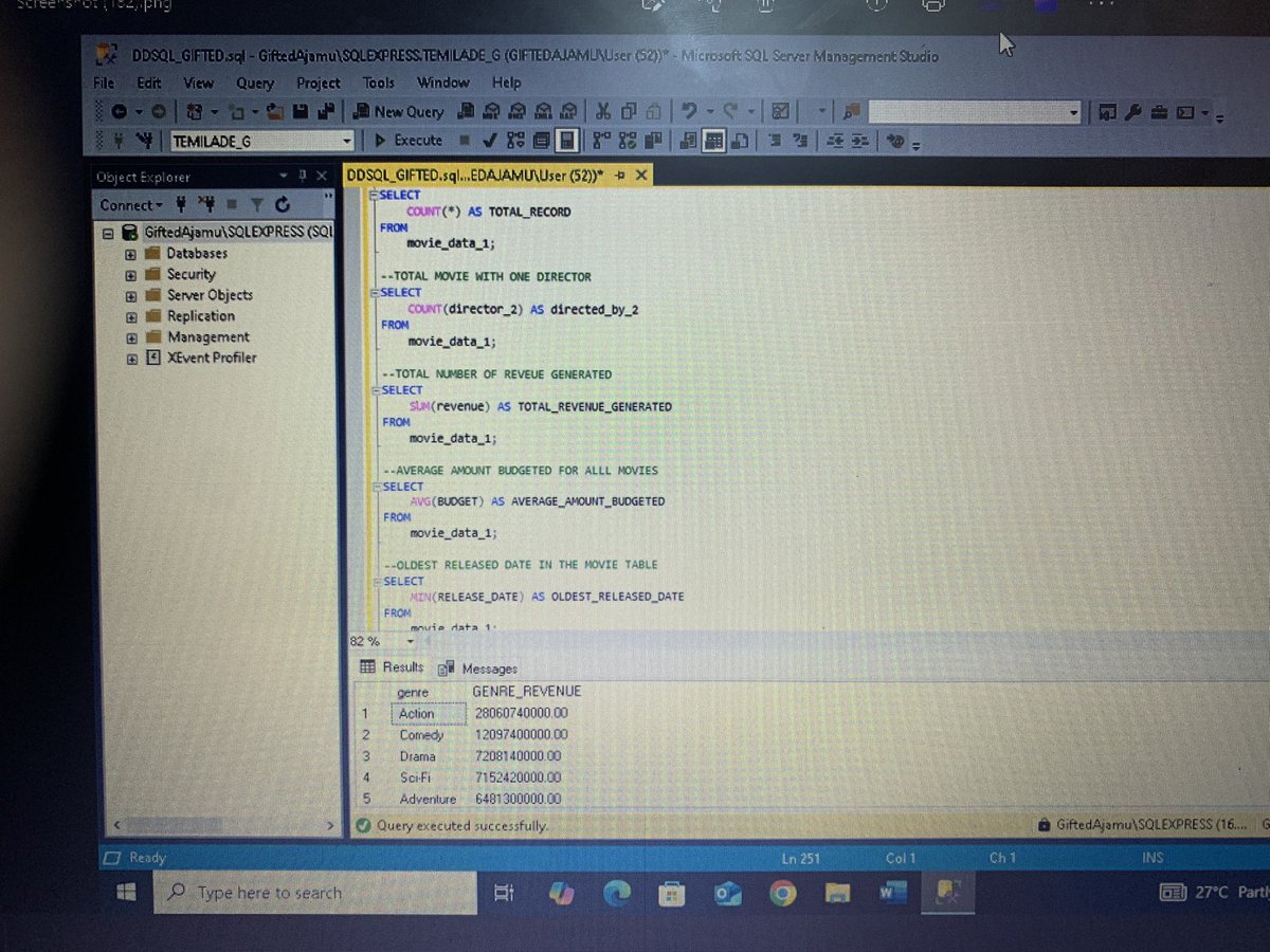 GiftedAjamu's tweet image. Learning how to Count, Sum, Group By, and use Having in SQL yesterday, step by step, I’m getting better at querying data 💪.
What about you, what are you up to?
#DataAnalytics #tech #buildinginpublic