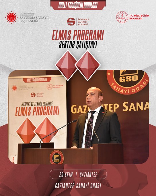 Multiple images show formal event banners with Turkish flags, logos of Savunma Sanayii Başkanlığı, Savunma Sanayii Akademi, Millî Eğitim Bakanlığı, and Gaziantep Sanayi Odası, text reading ELMAS Programı Sektör Çalıştayı, diamond-shaped graphics in red, backdrops with event details like Mesleki ve Teknik Eğitim and Gaziantep Sanayi Odası. A man in a suit with tie stands at a wooden podium speaking into a microphone, wearing a lapel pin, against a backdrop with GSO logo and event title. Another image features a different suited man gesturing while speaking at the podium. Third image shows a man in glasses and suit addressing the audience. Fourth image depicts a bald man in suit at the podium with similar banners and logos. Text at bottom reads 20 EKİM GAZİANTEP Savunma Sanayii Akademisi.