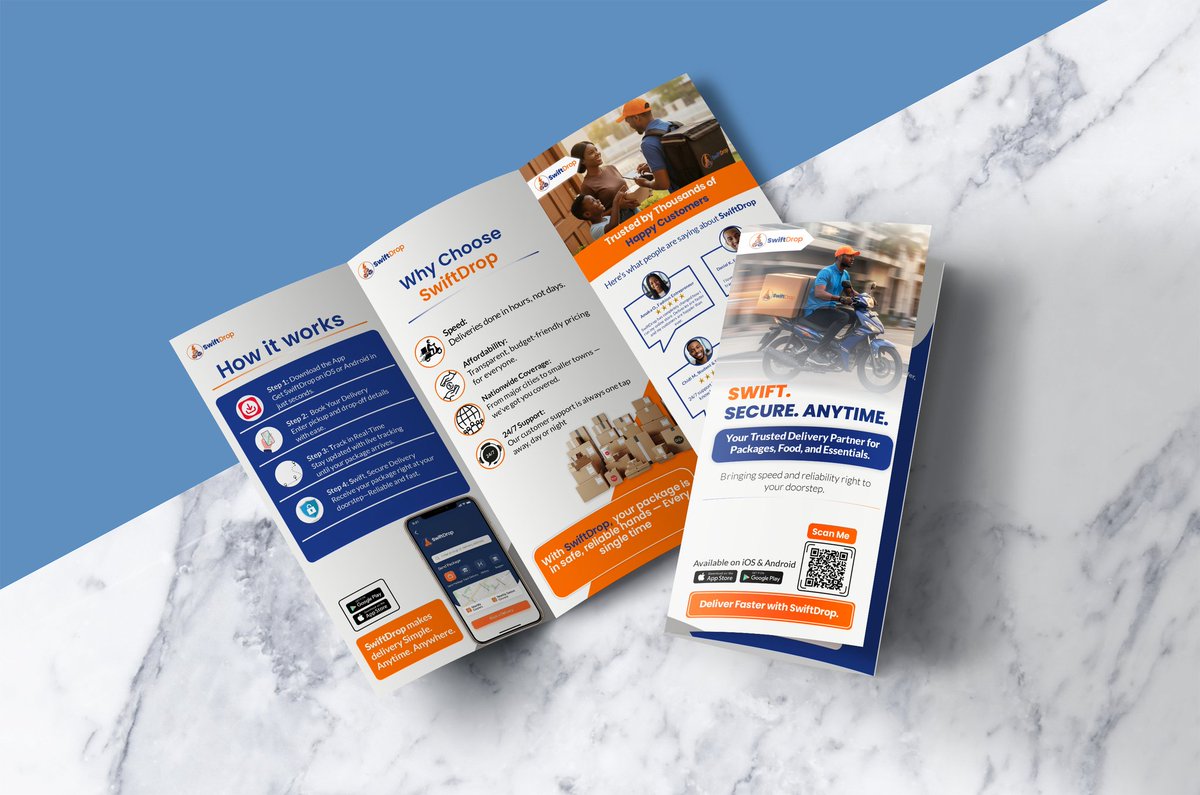 silkprincess20's tweet image. Brochure Design for SwiftDrop.
So last month I worked on the @themfdcommunity brief for SwiftDrop, a fast, reliable &amp;amp; secure logistics brand.

I created a visual identity that’s clean and intentional,  because design isn’t just about looks, it’s about helping brands stand out.