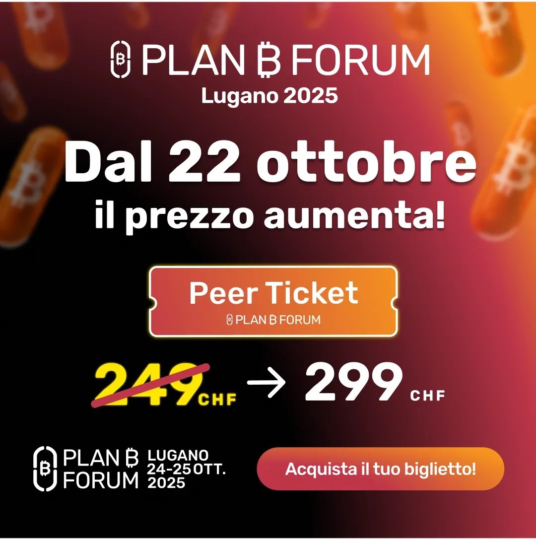 Pochi giorni a <a href="/LuganoPlanB/">Lugano Plan ₿</a> 
Poche ore all' aumento del prezzo.
Con il codice OFFICINA10 10% di sconto sui biglietti 

planb.lugano.ch/planb-forum/