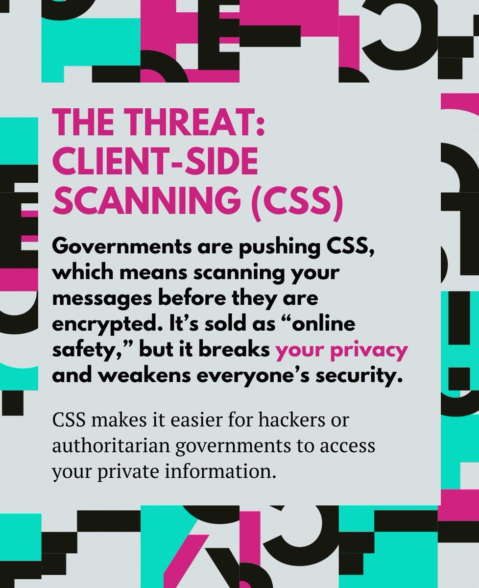 accessnow's tweet image. #GlobalEncryptionDay | End-to-end encryption keeps our messages private, secure, and our rights protected. But it’s under attack.

Client-side scanning (CSS) undermines all three, creating new risks and threatening free speech. 

Learn more: accessnow.org/why-client-sid…