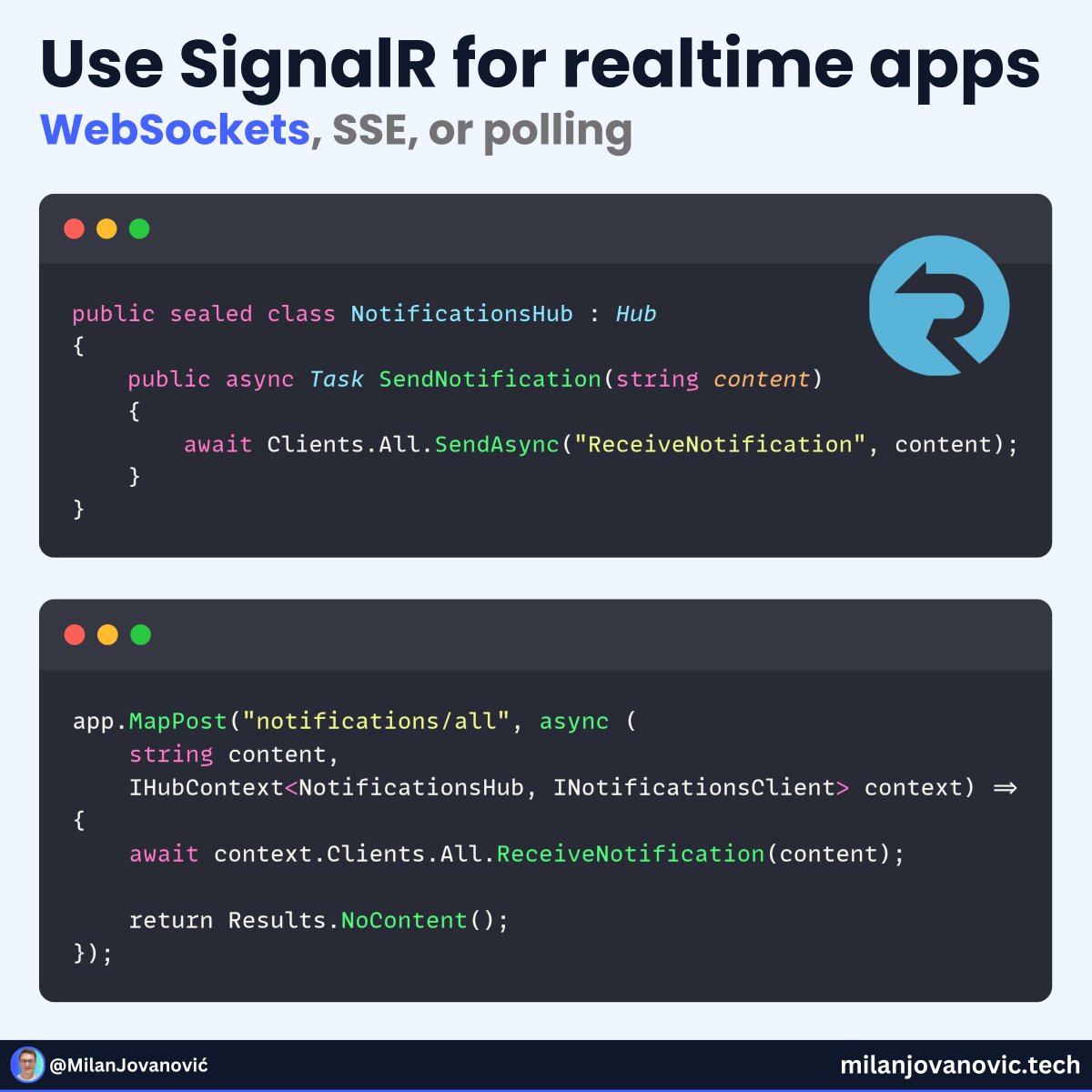 mjovanovictech's tweet image. When I need to add a real-time feature to my app, there's one trusted solution I always go back to.
→ SignalR
SignalR allows you to add real-time functionality to your .NET applications.
And it all starts from a Hub. The Hub is a central component in your application that…