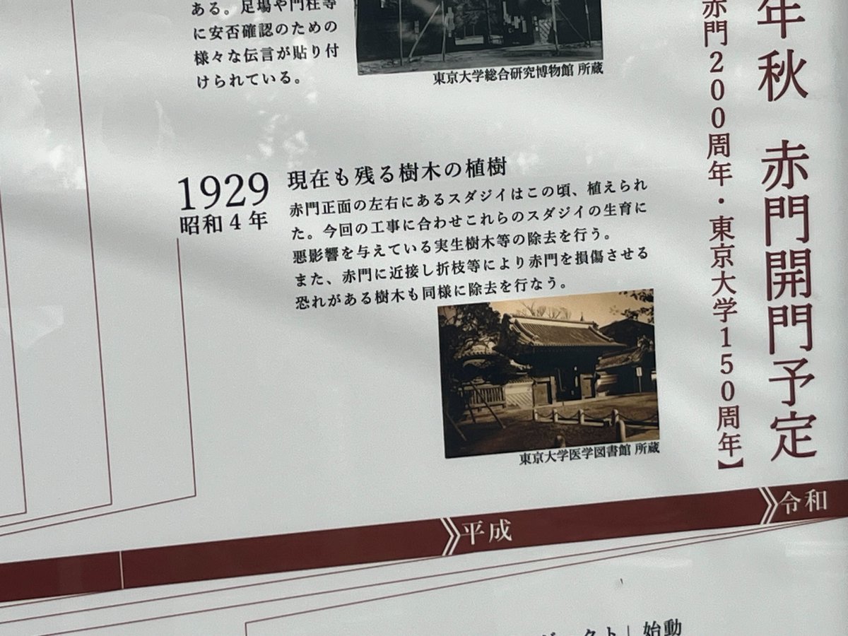 赤門の補強・修復工事の看板に当館所蔵資料が掲載されています。
1929年の医学部卒業アルバムに載っている、当時の赤門の写真です。
お近くを通った際は是非ご覧ください！

東京大学デジタルアーカイブでは、他の赤門の写真を見ることができます。こちらも是非ご覧ください！
da.dl.itc.u-tokyo.ac.jp/portal/search?…