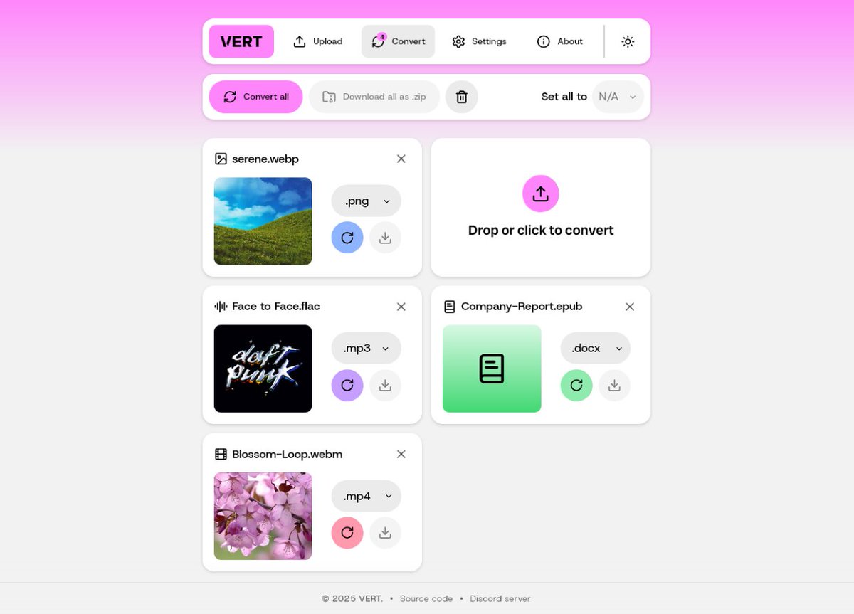 需要把文件转换为其他格式，使用在线工具要把文件上传到他们的服务器，既担心数据被泄露，限制又太多，颇为头疼。

无独有偶，找到了 VERT 这款开源的文件转换工具，支持超过 250 种文件格式的相互转换。

包括图片、音频、文档和视频，而且没有文件大小限制，完全在本地浏览器转换，数据安全隐私。