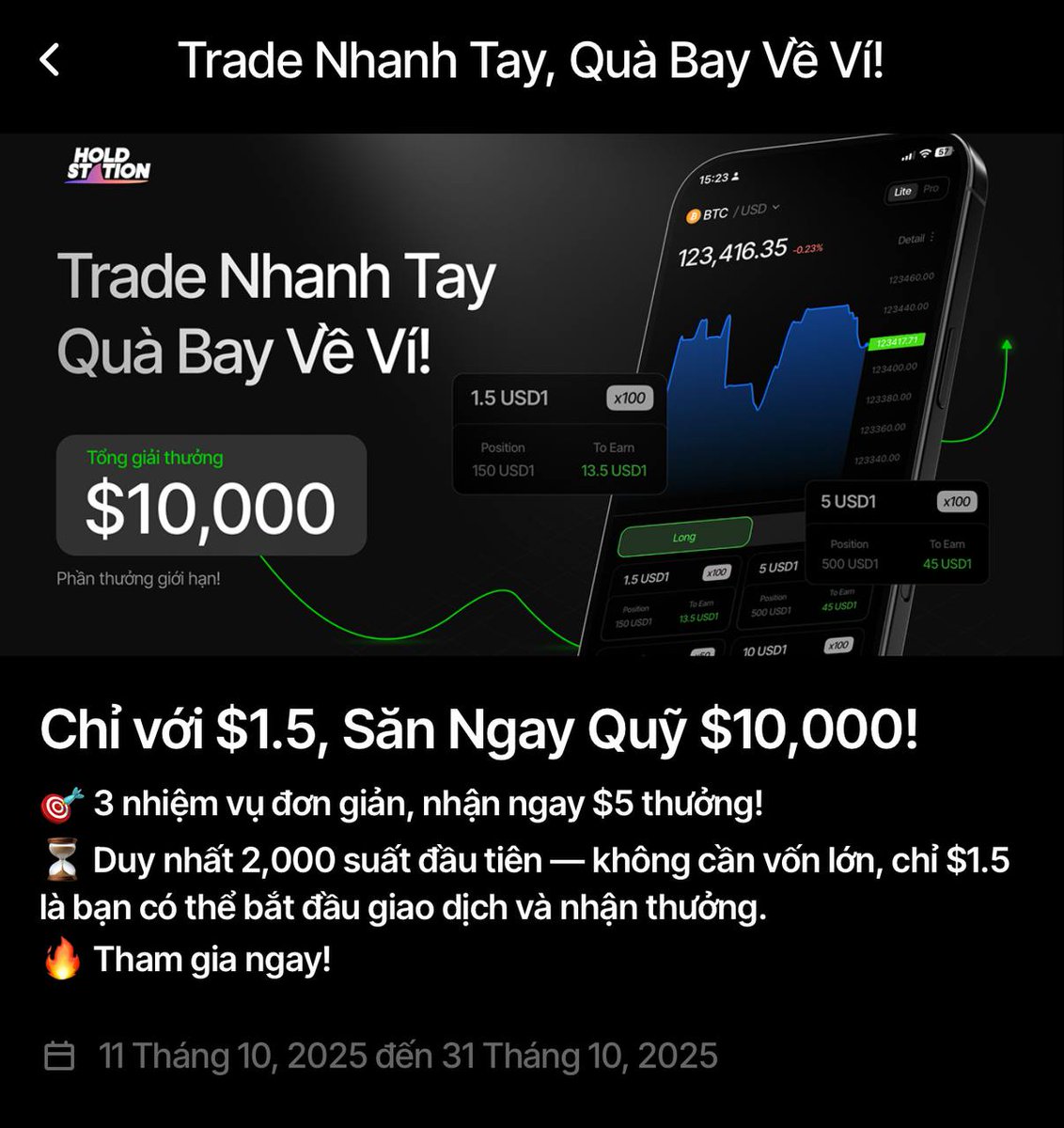 hannapham05's tweet image. Anh em trade futures join cùng đội lái tàu Hold Station vừa kiếm pool thưởng 600$ cả campain 10.000$ giải trade sắp tới:

Chi tiết: holdstation.com/ref/NHb7w9

🤟 Các trader Holdstation đang có hiệu suất tốt về mặt lợi nhuận và quản lí vốn, đã có vài người đánh