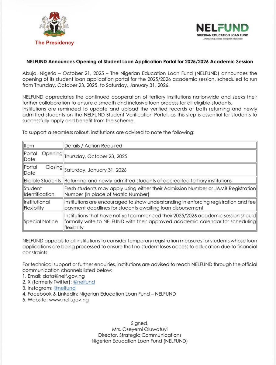 NELFUND Announces Opening of Student Loan Application Portal for 2025/2026 Academic Session
 #NELFUNDStudentloan