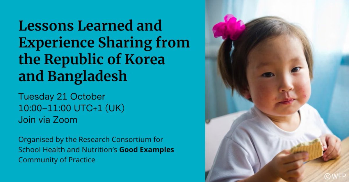 🧠 What makes a #SchoolMeals programme effective?

📚 Happening today: Join the <a href="/R4SchoolHealth/">Research Consortium for School Health & Nutrition</a> “Good Examples” webinar for new stories and insights from #Bangladesh 🇧🇩 and the Republic of #Korea 🇰🇷.

The session will introduce the scientific approach behind the Community of