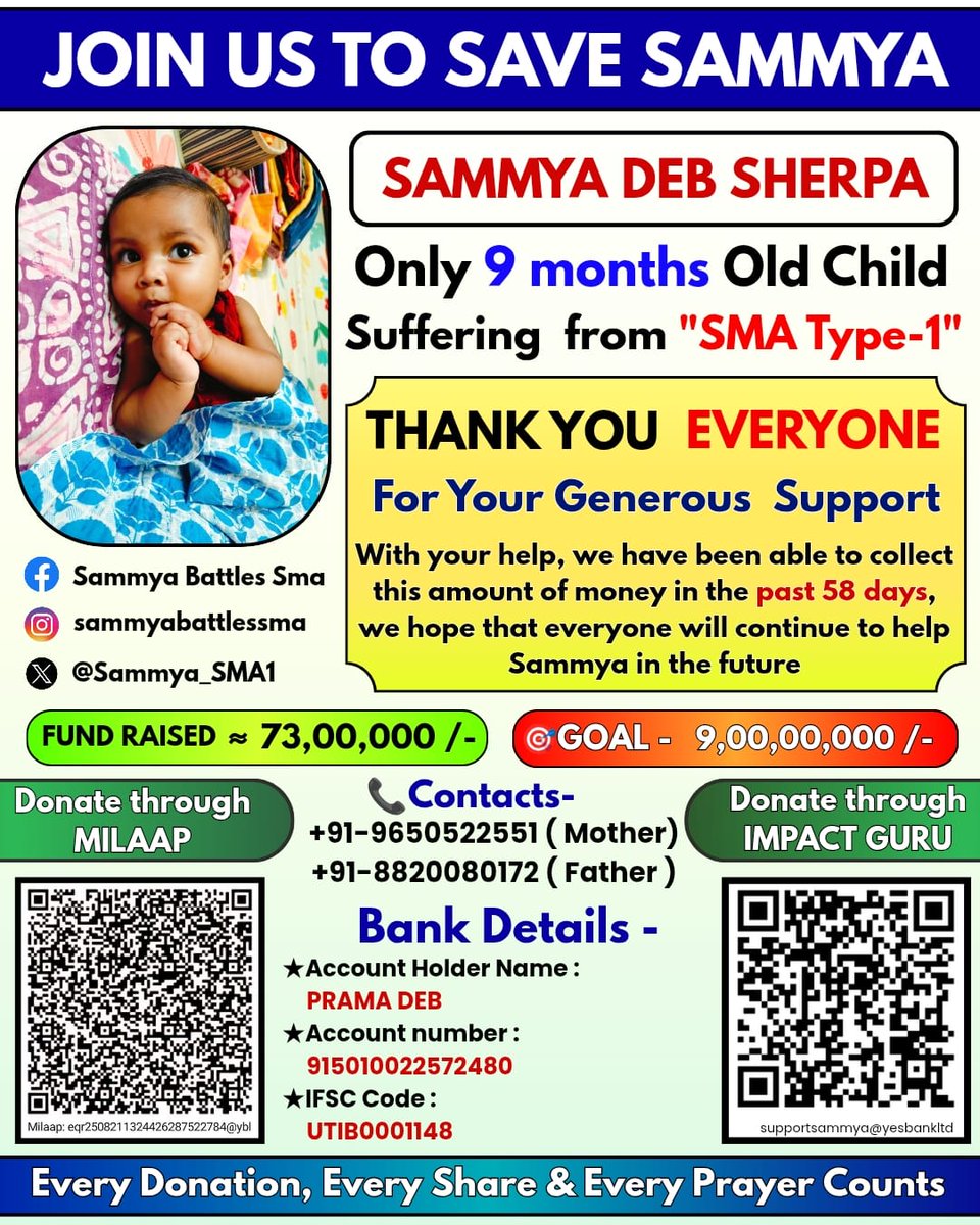 AngelOfWarrior's tweet image. Help SAMMYA to overcome SMA!
The baby urgently needs your support to survive...
#smafighter
#smatype1
#raredisease
#crowdfunding 
#childhealthmatters
#neuromusculardisease 
#westbengal