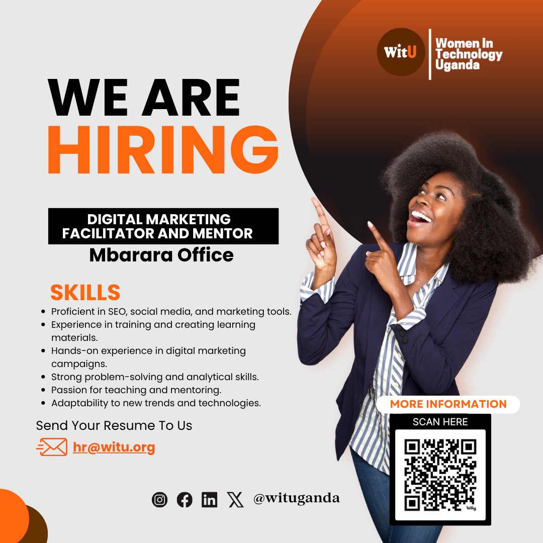 wituganda's tweet image. We’re hiring a Digital Marketing Facilitator &amp;amp; Mentor in Mbarara!

Are you passionate about digital marketing and mentorship? We’re looking for you.

Scan the QR code on the flyer to view the full job description and apply.

#DigitalMarketing #WomenInTech #HiringNow