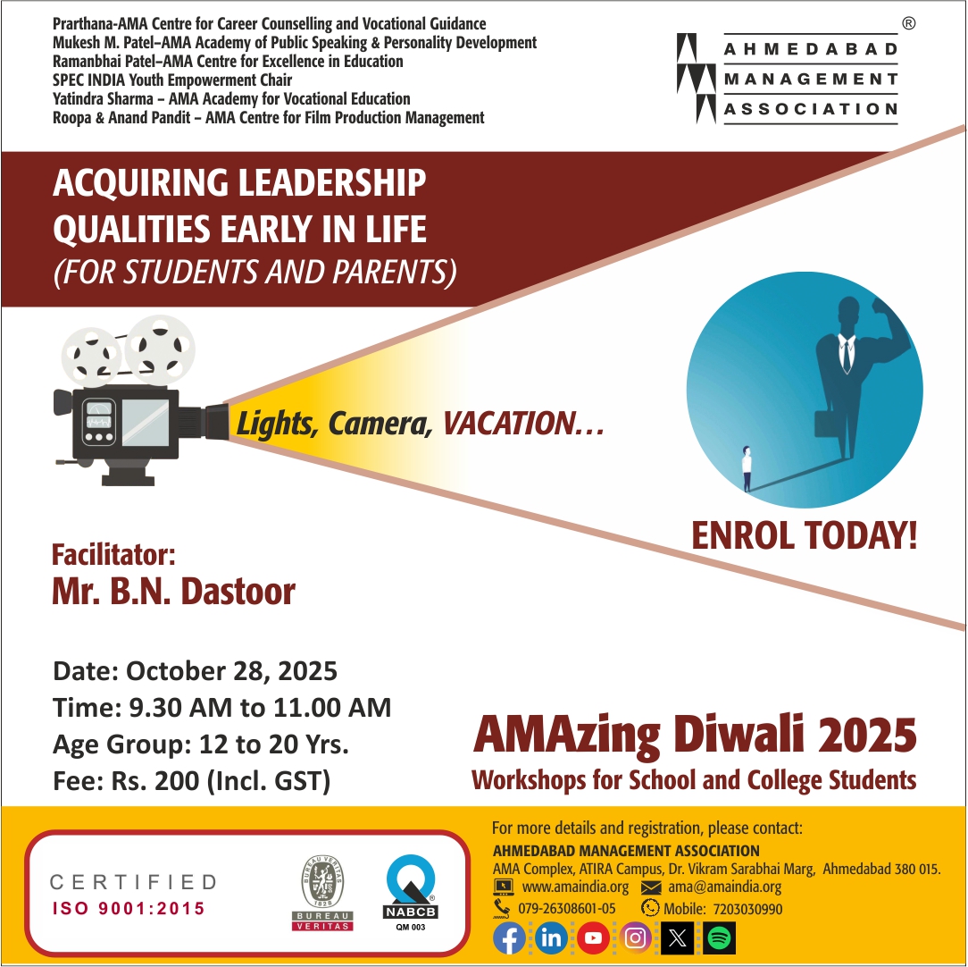 ama_ahmedabad's tweet image. Register Now: amaindia.org/ama-programmes…

Don't just take a vacation—invest in your future! 🚀

Our AMAzing Diwali 2025 Workshops are filling up fast! This is your chance to learn skills.

Boost your skills in leadership, mental health, career path discovery, and more! 

Enroll now…